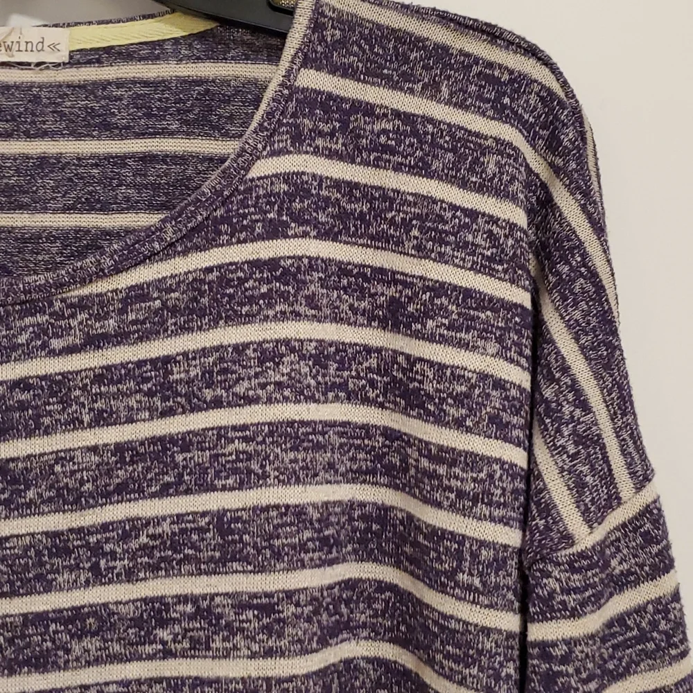 REWIND blue and white stripe 3/4 length sleeve crochet trim top tunic Lrg.
